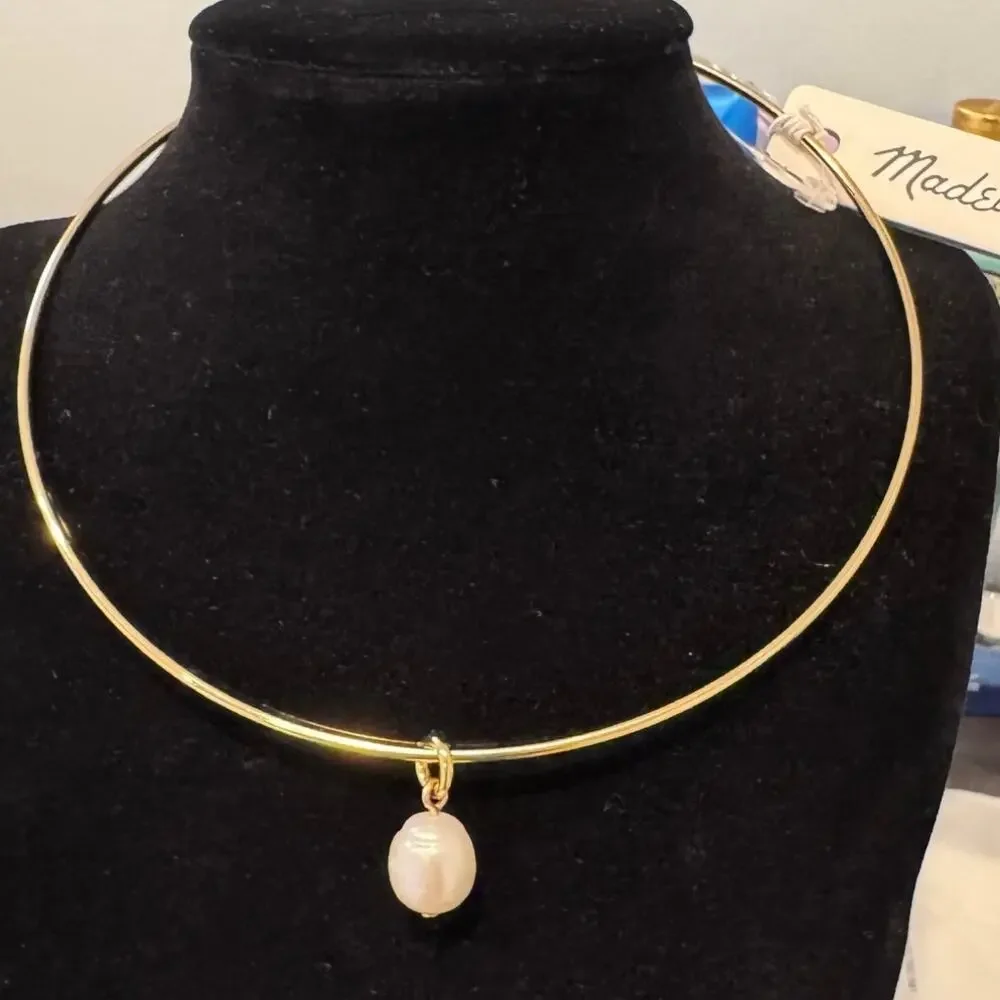 Madewell Crystal Tear Drop Pearl Wire Choker Necklace Antique Gold NWT - Picture 7 of 10